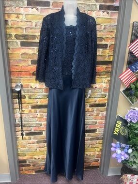Alex Evenings Navy Lace Sequin Evening Top